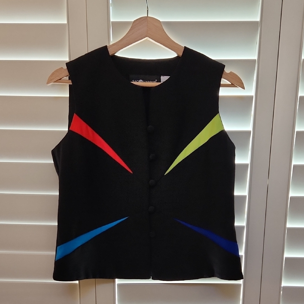 Sag Harbor Black Sleeveless Button Front Top with Red, Lime, Blue Accents